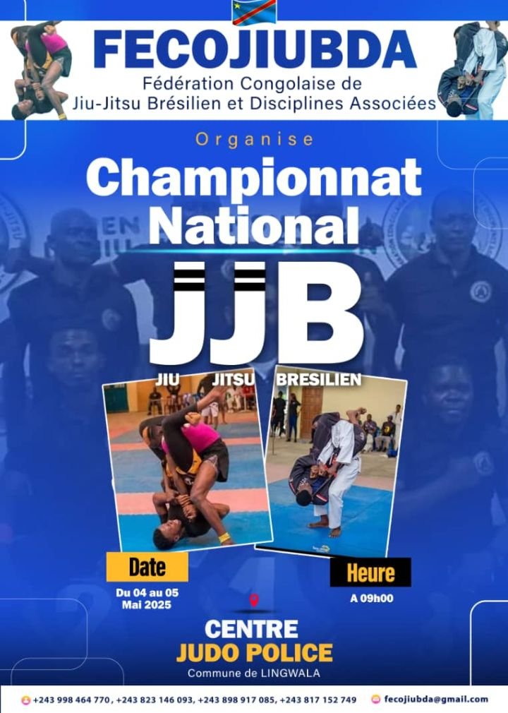 Jiu-Jitsu Brésilien:La FECOJIUBDA annonce l’organisation du championnat national du 4 au 5 Mai à Kinshasa. Jiu-Jitsu Brésilien:La FECOJIUBDA annonce l’organisation du championnat national du 4 au 5 Mai à Kinshasa.